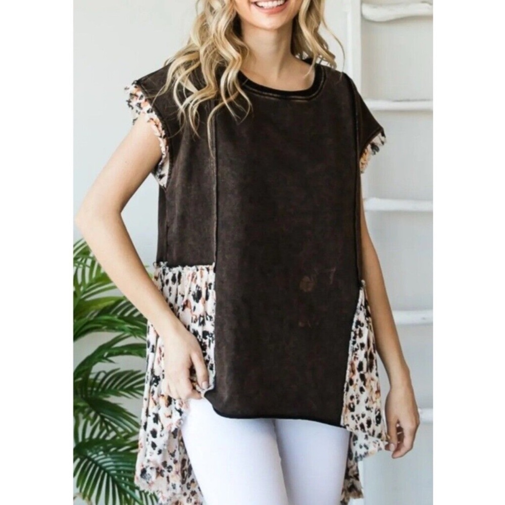 Oli & Hali Oversized High Low Tunic Top Raw Hem Distressed Leopard Lagenlook
